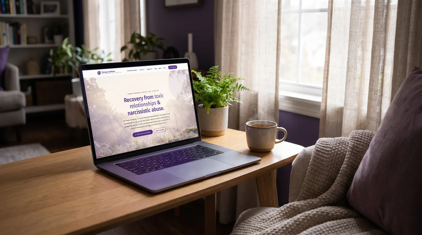 A laptop set up for a private online therapy session in a calm, sunlit room at home